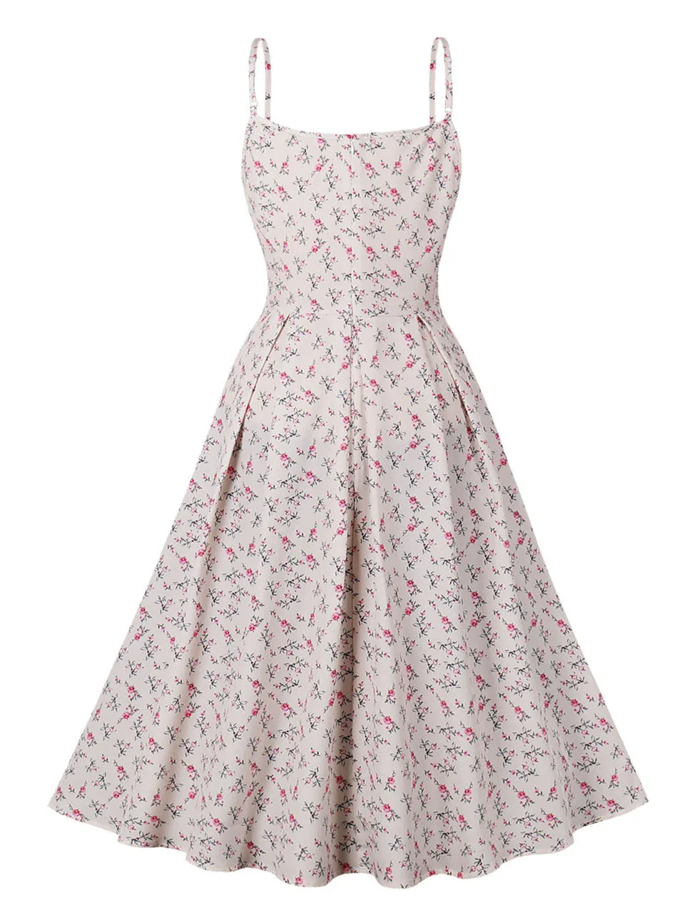 1950S Floral Print Spaghetti Strap Vintage Swing Dress