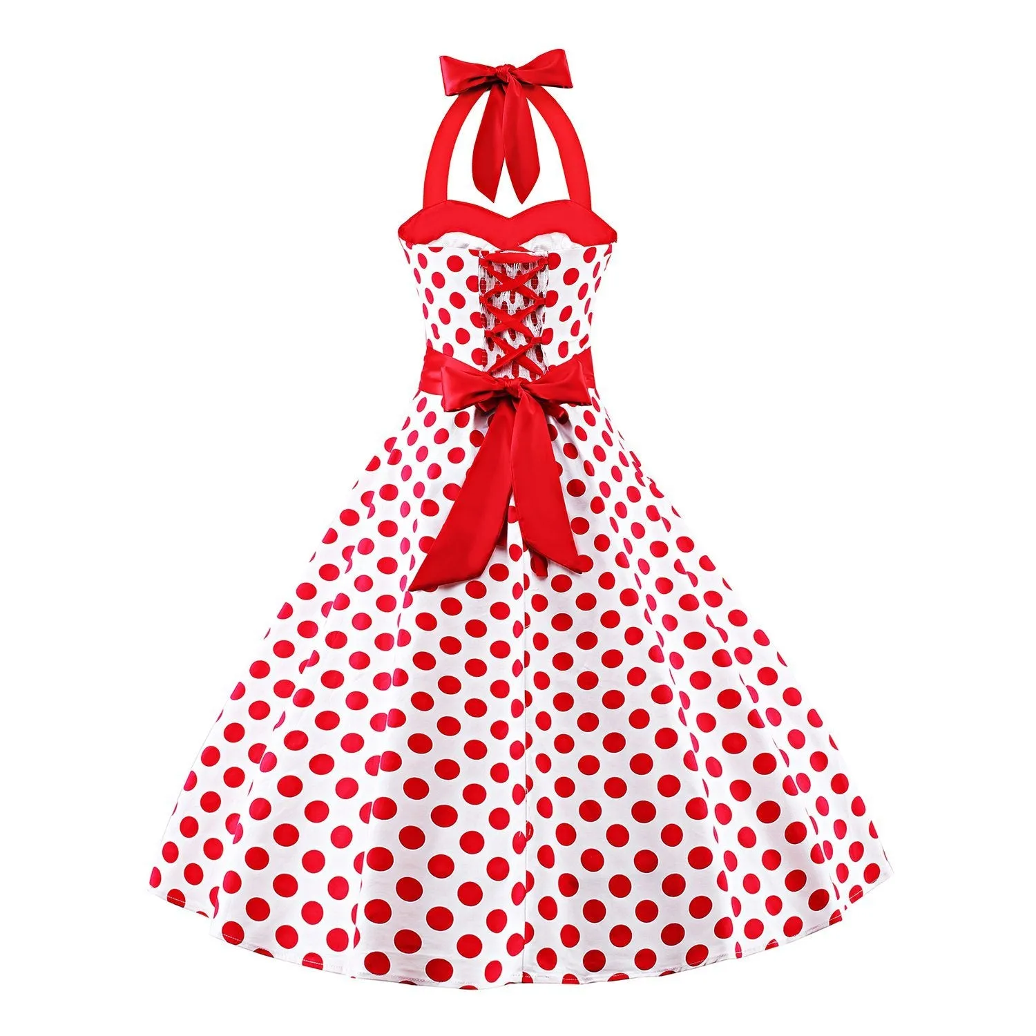 1950s Vintage Audrey Dresses Halter Retro Red Polka Dot Dress