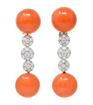 1960's Vintage Coral Diamond 18 Karat White Gold Drop Earrings