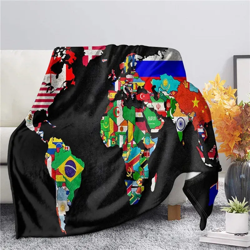 3D World Map Theme Flannel Throw Blankets for Sofa Winter Warm Bedroom Decor Blanket on The Bed Soft Kids Adults Travel Gifts