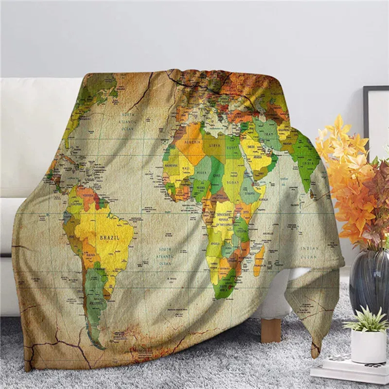 3D World Map Theme Flannel Throw Blankets for Sofa Winter Warm Bedroom Decor Blanket on The Bed Soft Kids Adults Travel Gifts