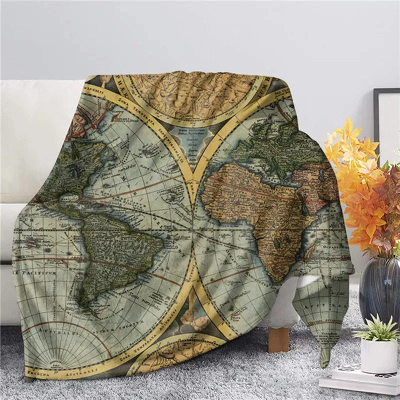 3D World Map Theme Flannel Throw Blankets for Sofa Winter Warm Bedroom Decor Blanket on The Bed Soft Kids Adults Travel Gifts