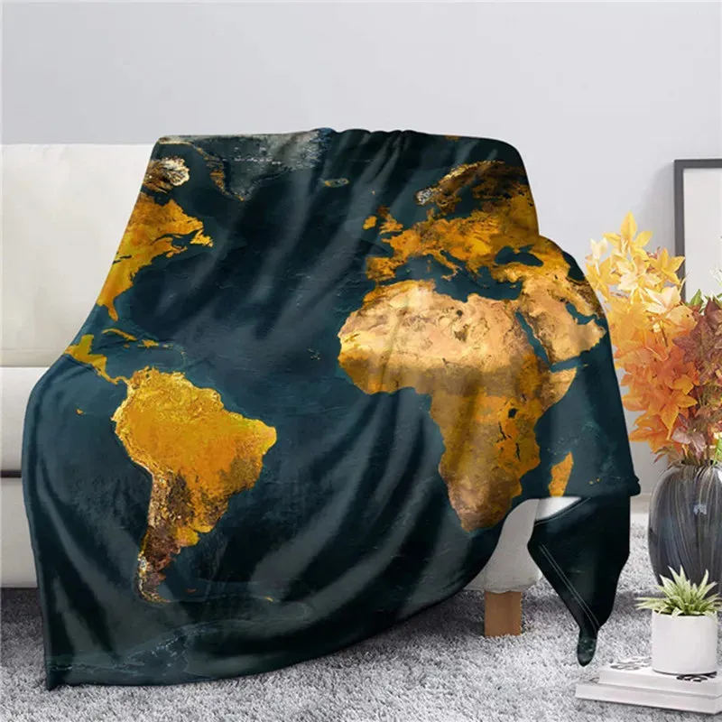 3D World Map Theme Flannel Throw Blankets for Sofa Winter Warm Bedroom Decor Blanket on The Bed Soft Kids Adults Travel Gifts