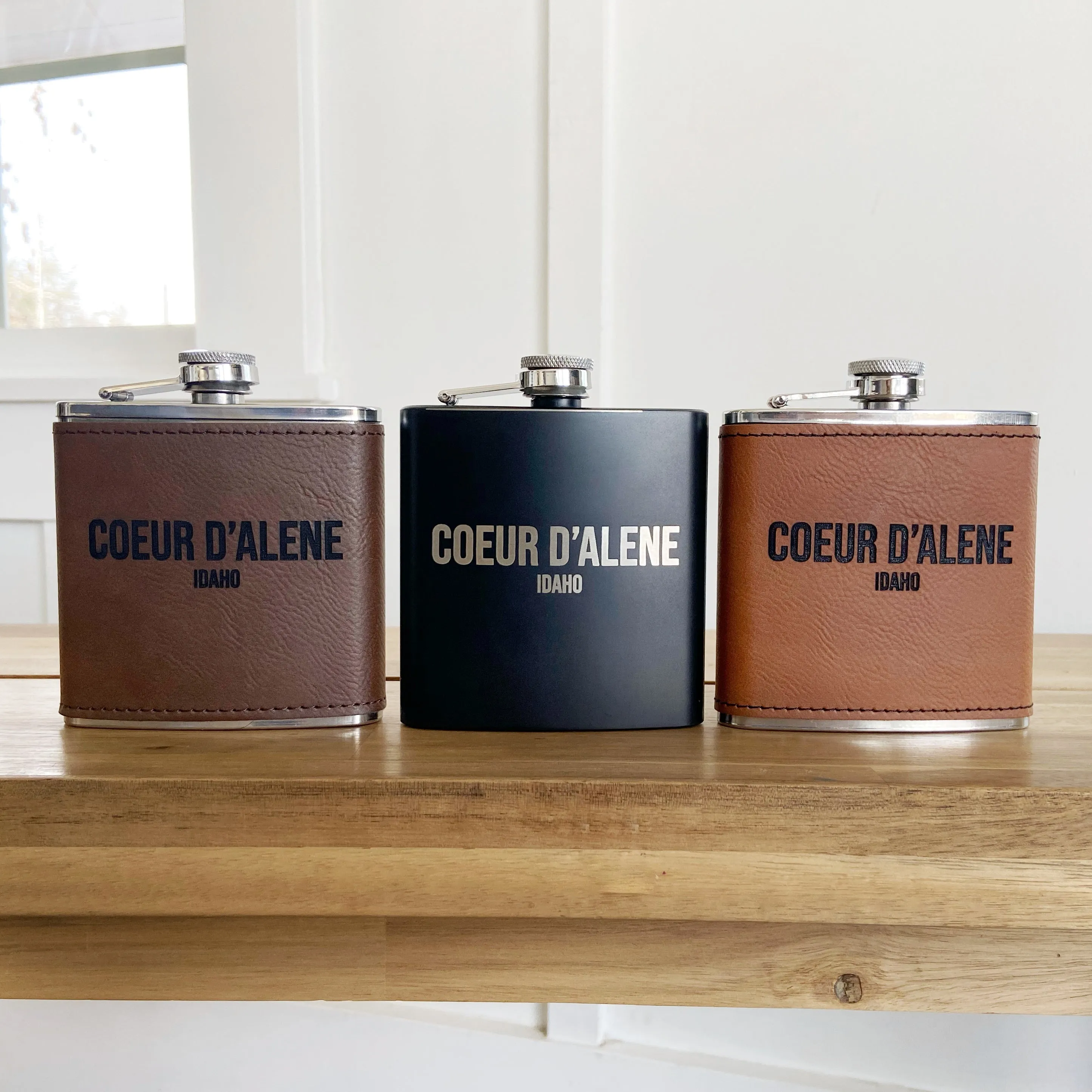 6oz Coeur d’Alene Camel Leatherette Stainless Steel Flask - personalized engraved flask