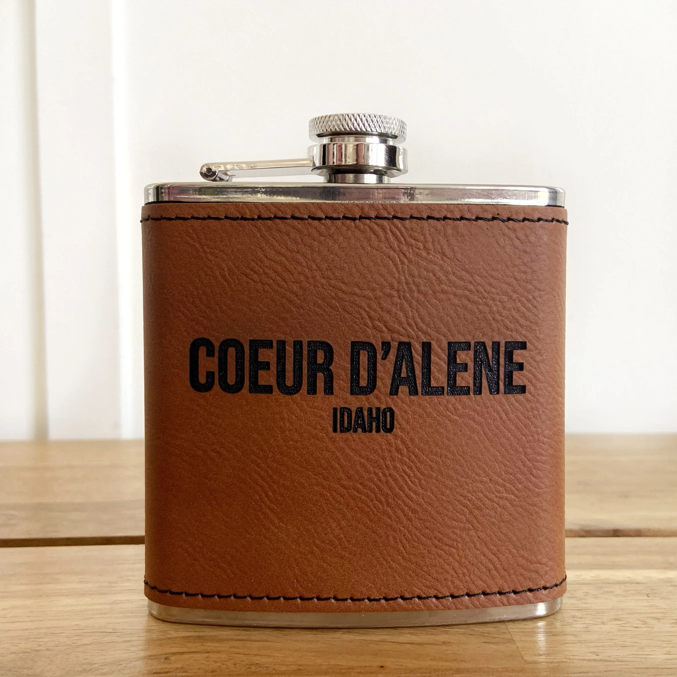 6oz Coeur d’Alene Camel Leatherette Stainless Steel Flask - personalized engraved flask