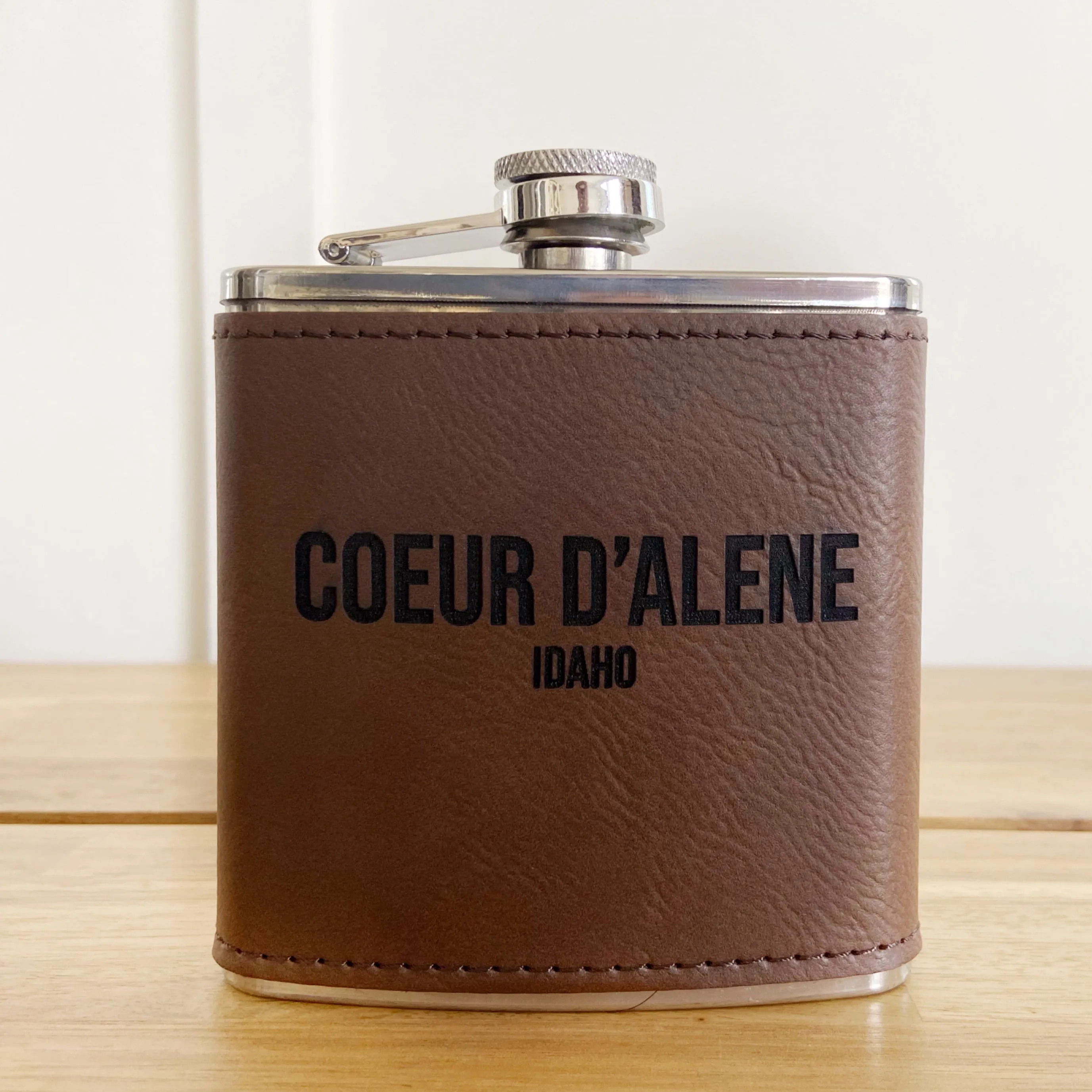 6oz Coeur d’Alene Camel Leatherette Stainless Steel Flask - personalized engraved flask