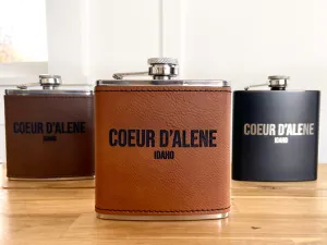 6oz Coeur d’Alene Camel Leatherette Stainless Steel Flask - personalized engraved flask