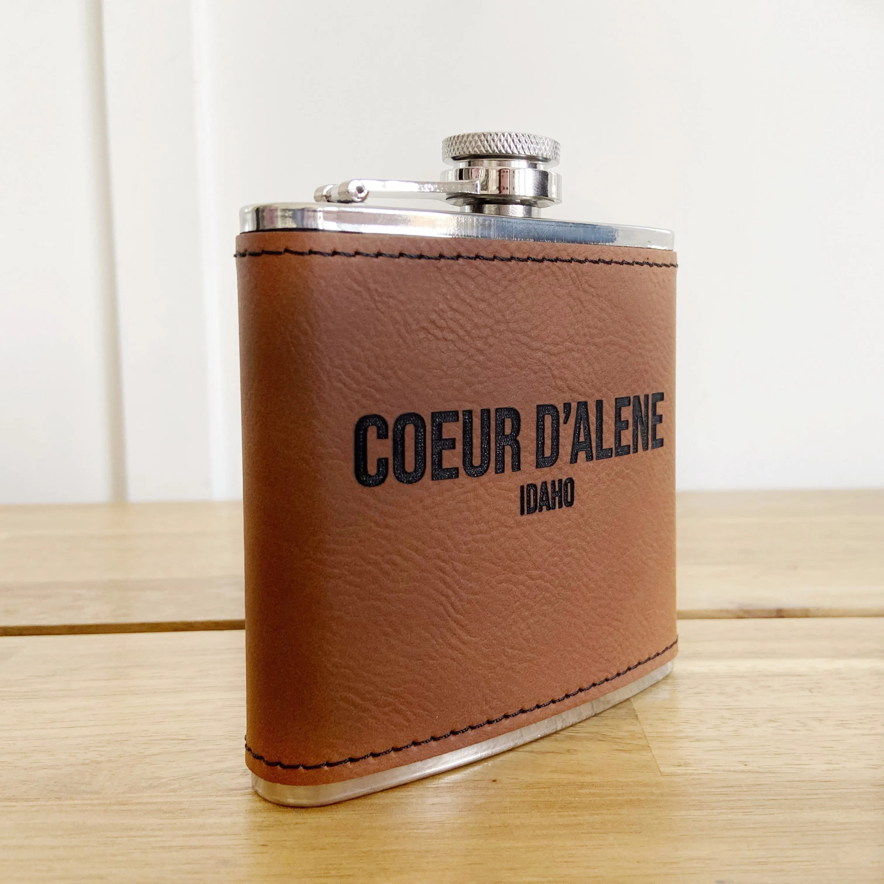 6oz Coeur d’Alene Camel Leatherette Stainless Steel Flask - personalized engraved flask