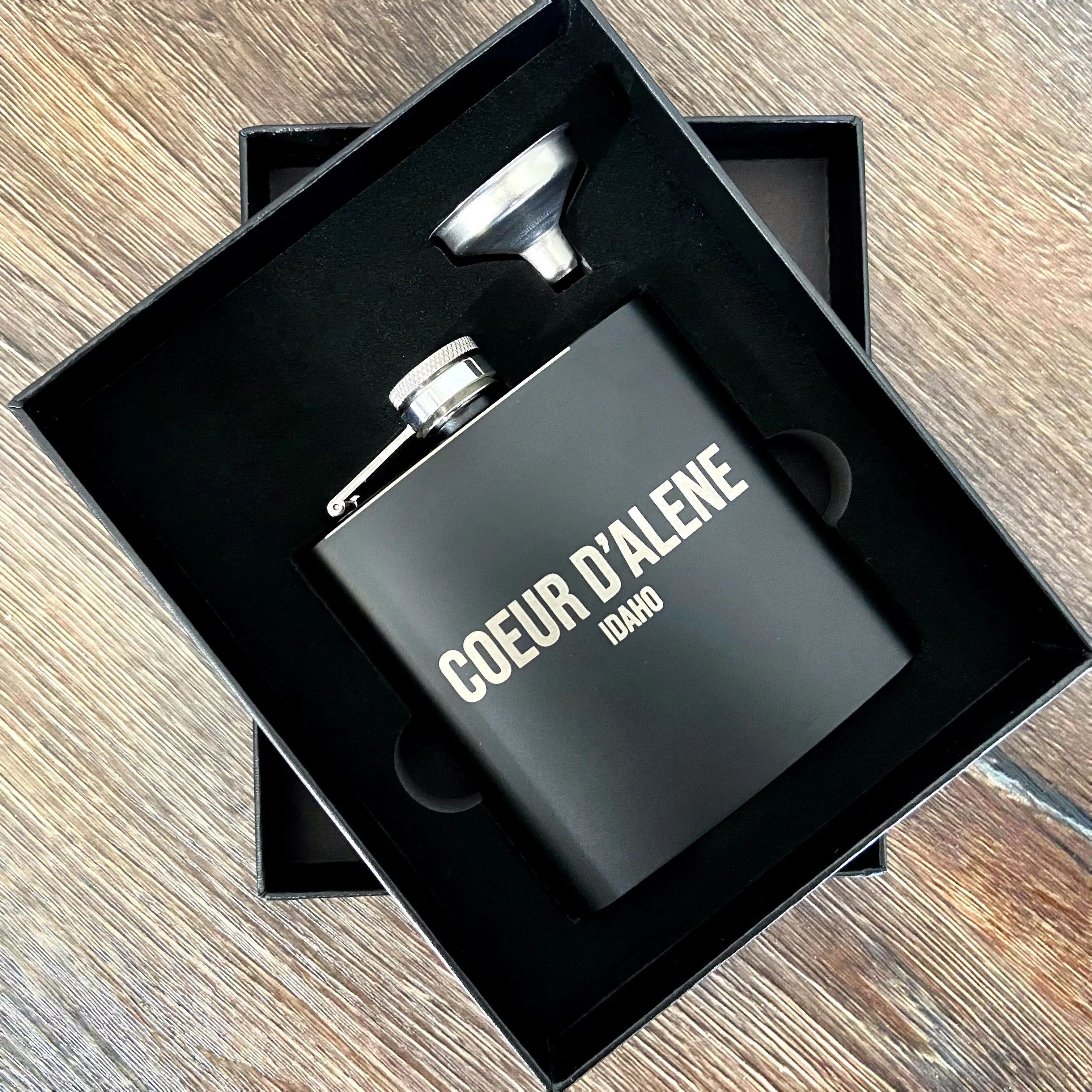 6oz Coeur d’Alene Stainless Steel Flask - personalized engraved flask
