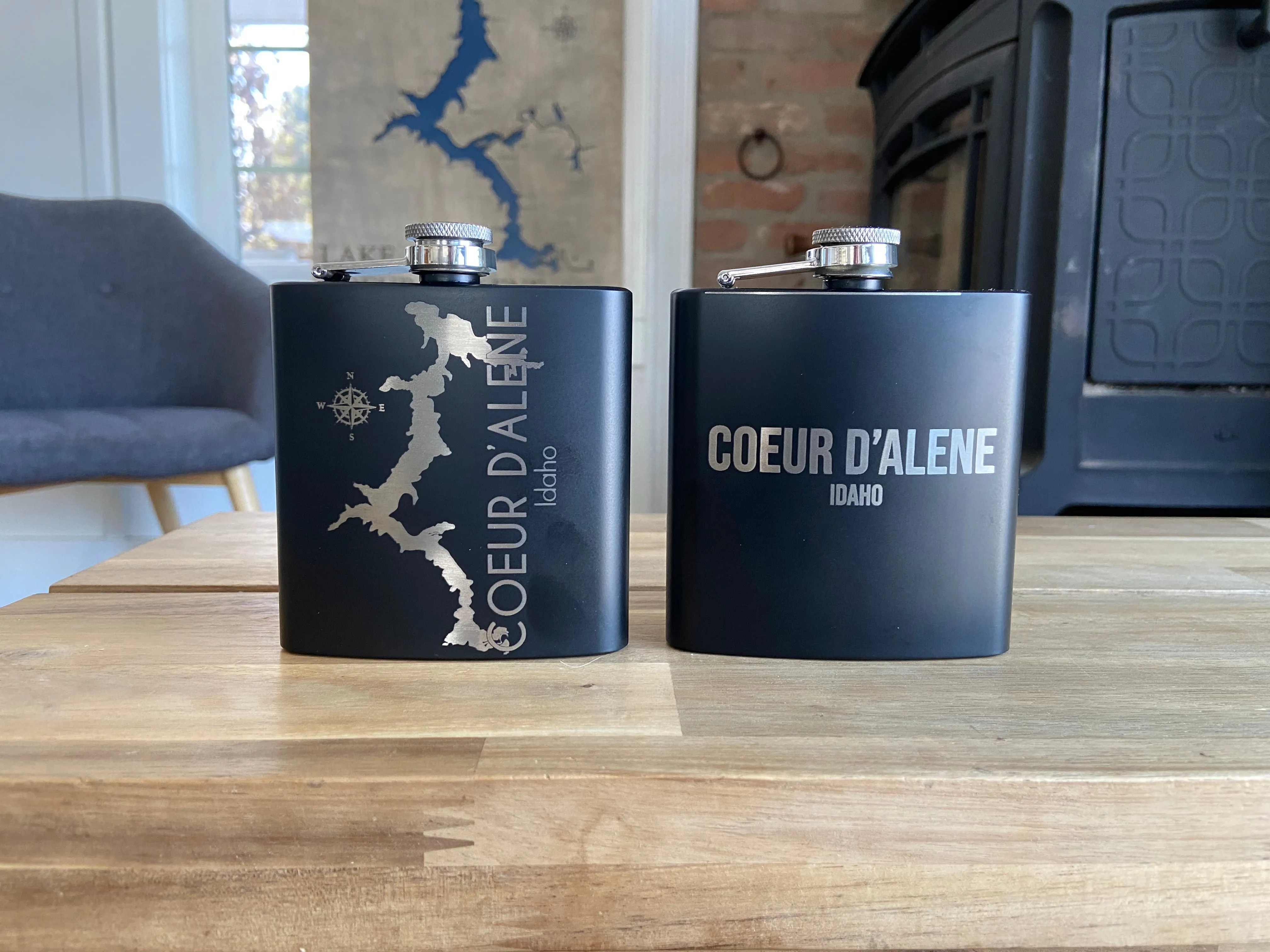 6oz Lake Coeur d’Alene Stainless Steel Flask - personalized engraved flask