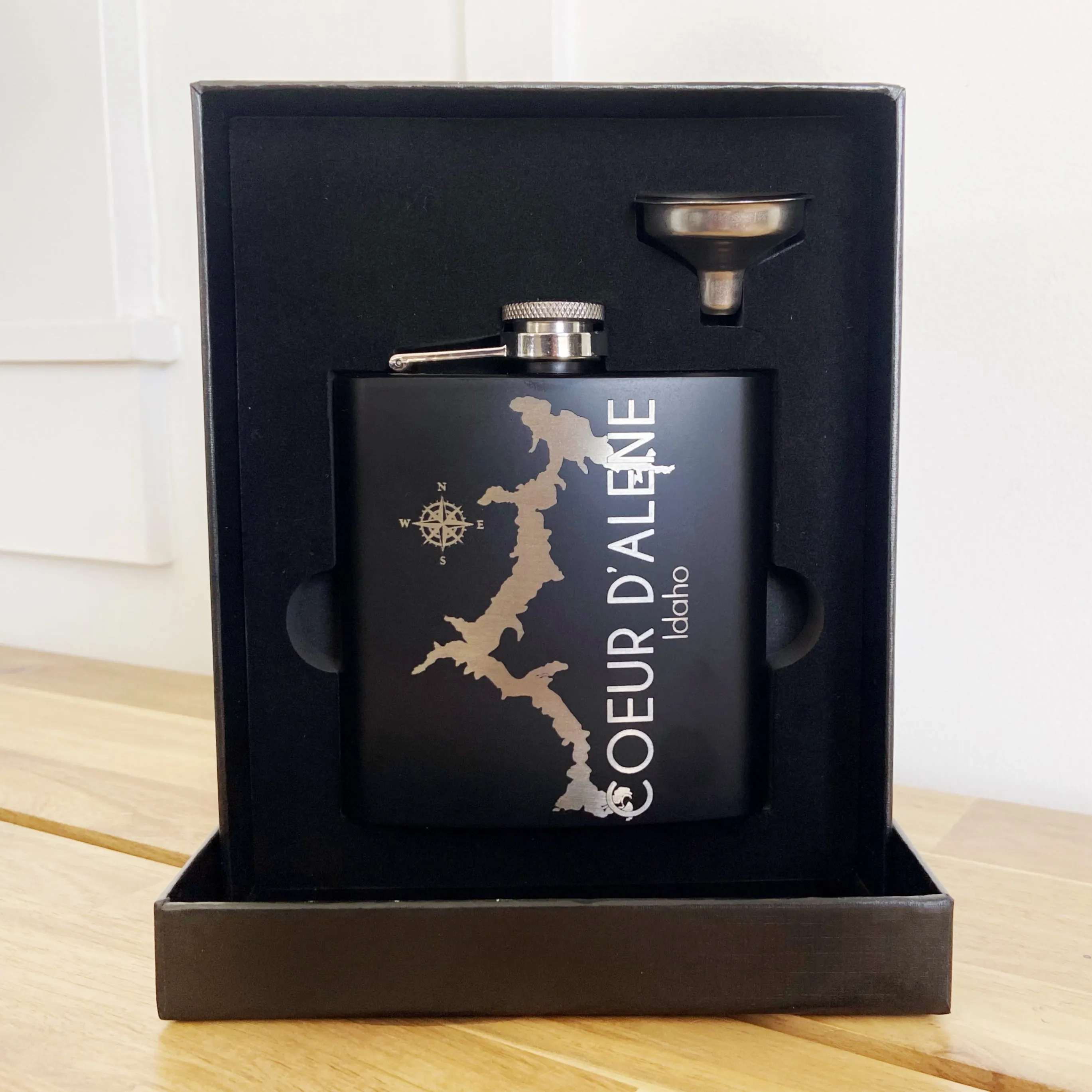 6oz Lake Coeur d’Alene Stainless Steel Flask - personalized engraved flask