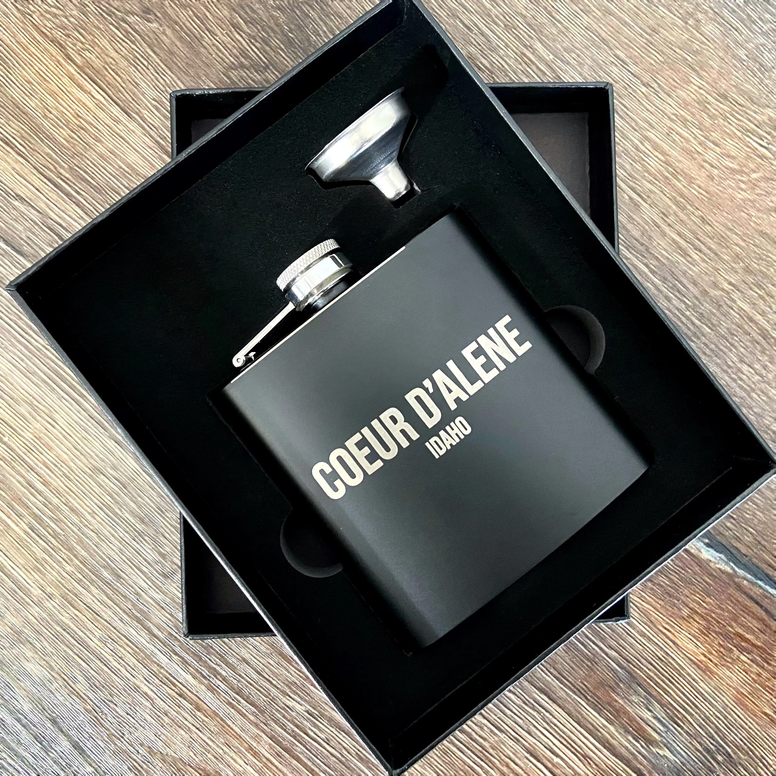 6oz Lake Coeur d’Alene Stainless Steel Flask - personalized engraved flask