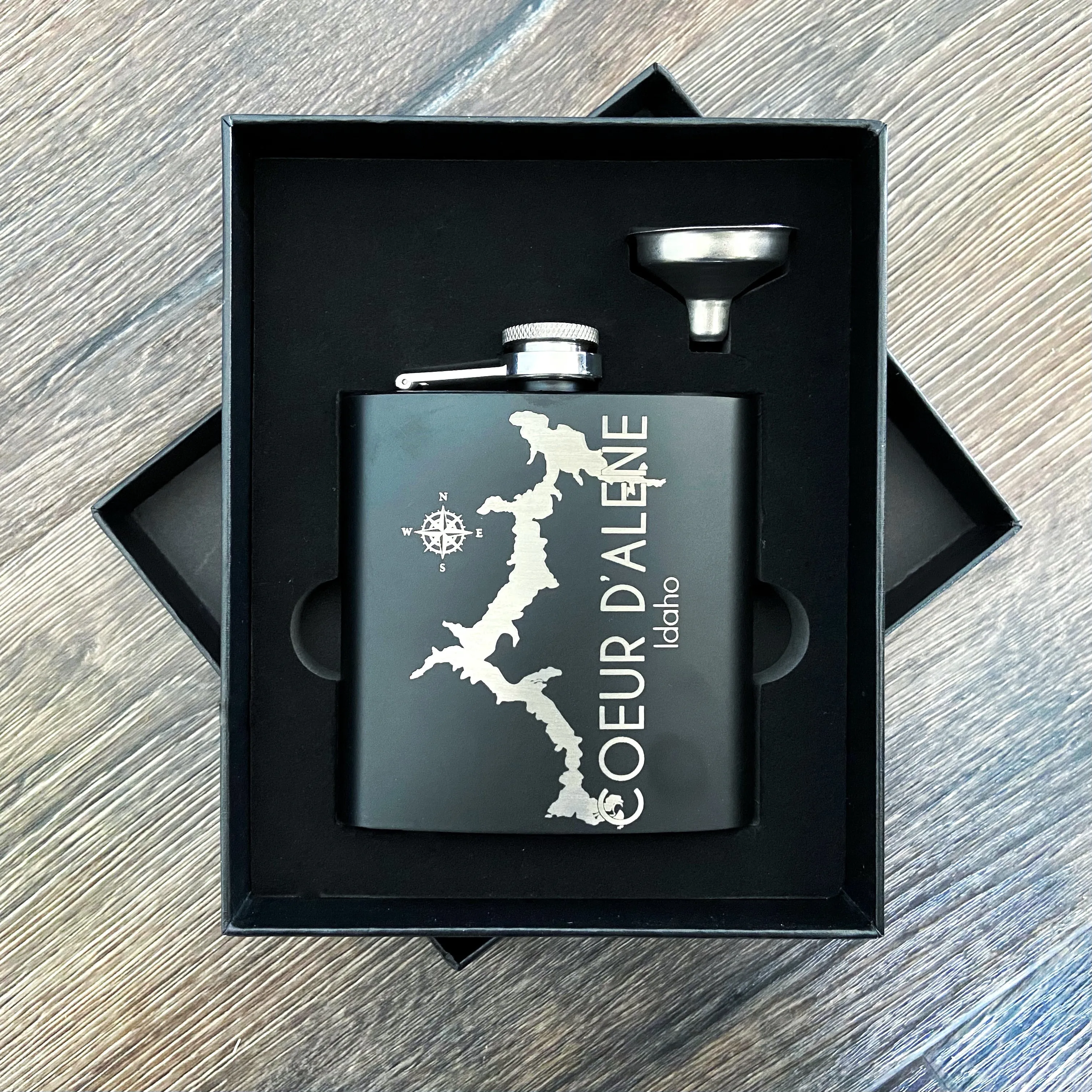 6oz Lake Coeur d’Alene Stainless Steel Flask - personalized engraved flask