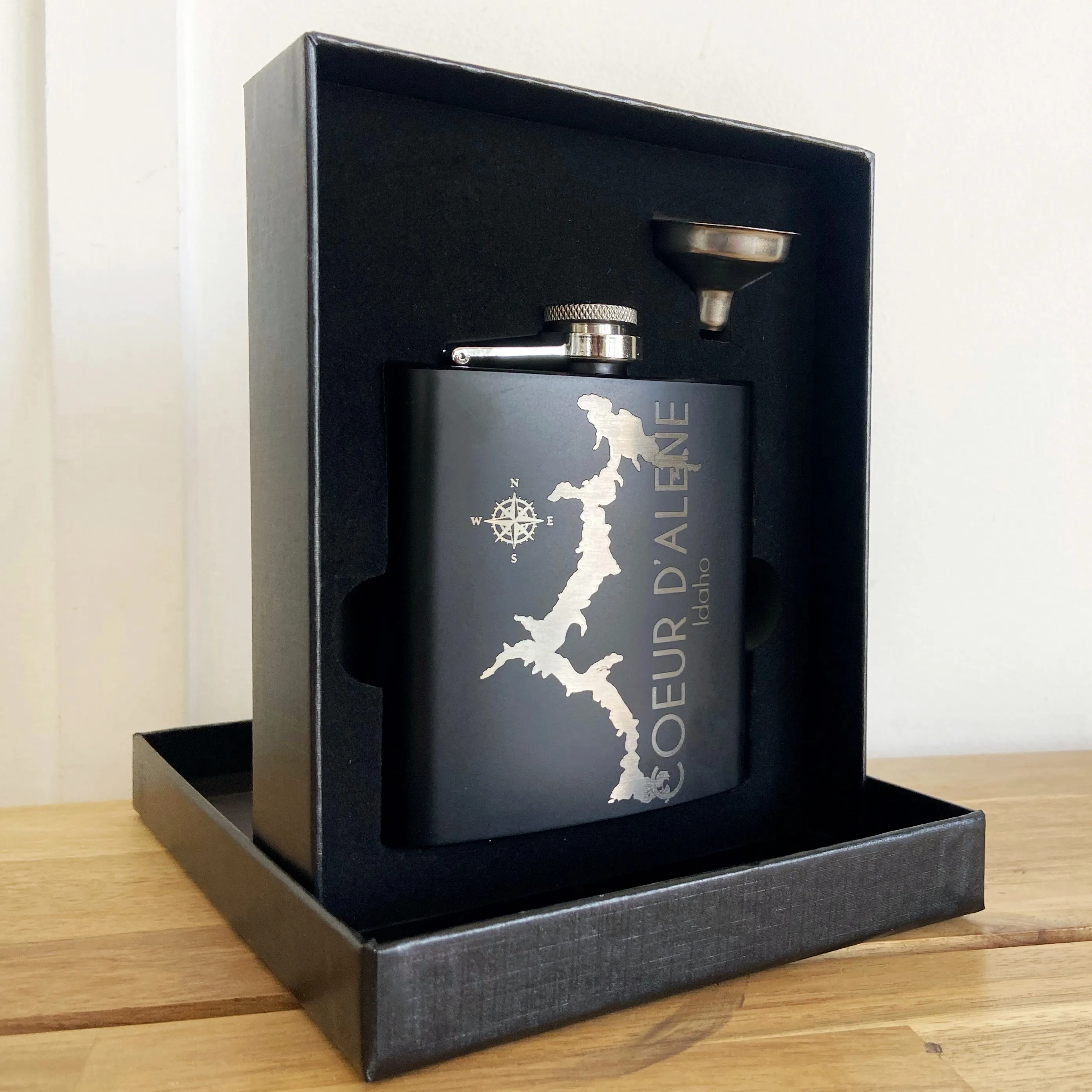 6oz Lake Coeur d’Alene Stainless Steel Flask - personalized engraved flask