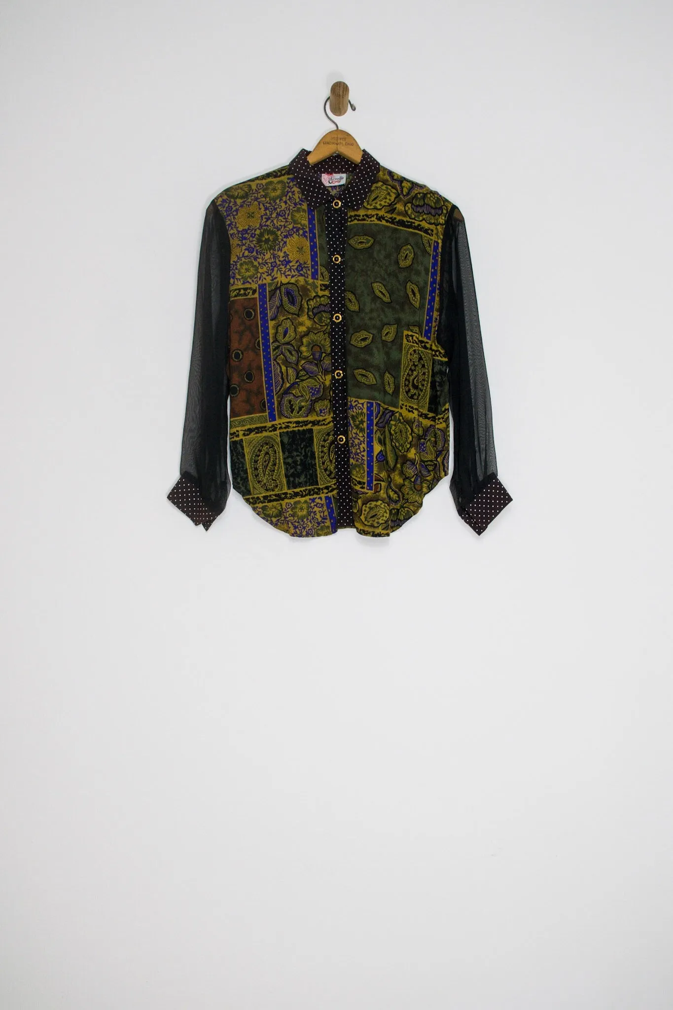 80's MIXED PRINT/SHEER SLEEVE BUTTON UP / LARGE