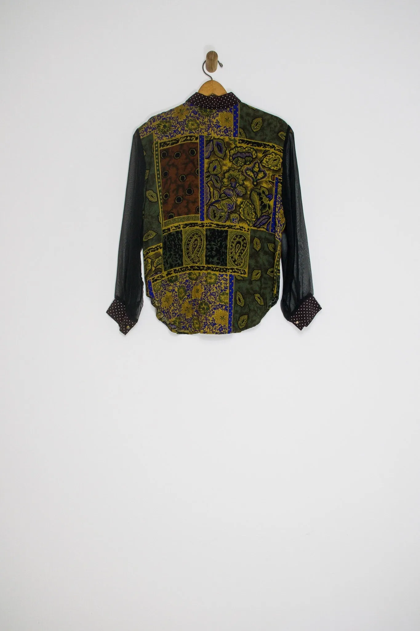 80's MIXED PRINT/SHEER SLEEVE BUTTON UP / LARGE