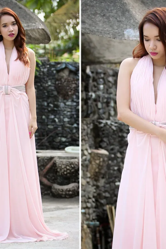 A-line Halter Floor Length Chiffon Beading Backless Prom Dress