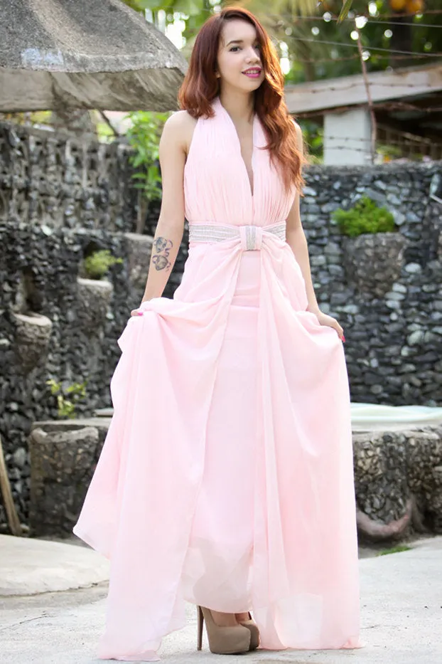 A-line Halter Floor Length Chiffon Beading Backless Prom Dress