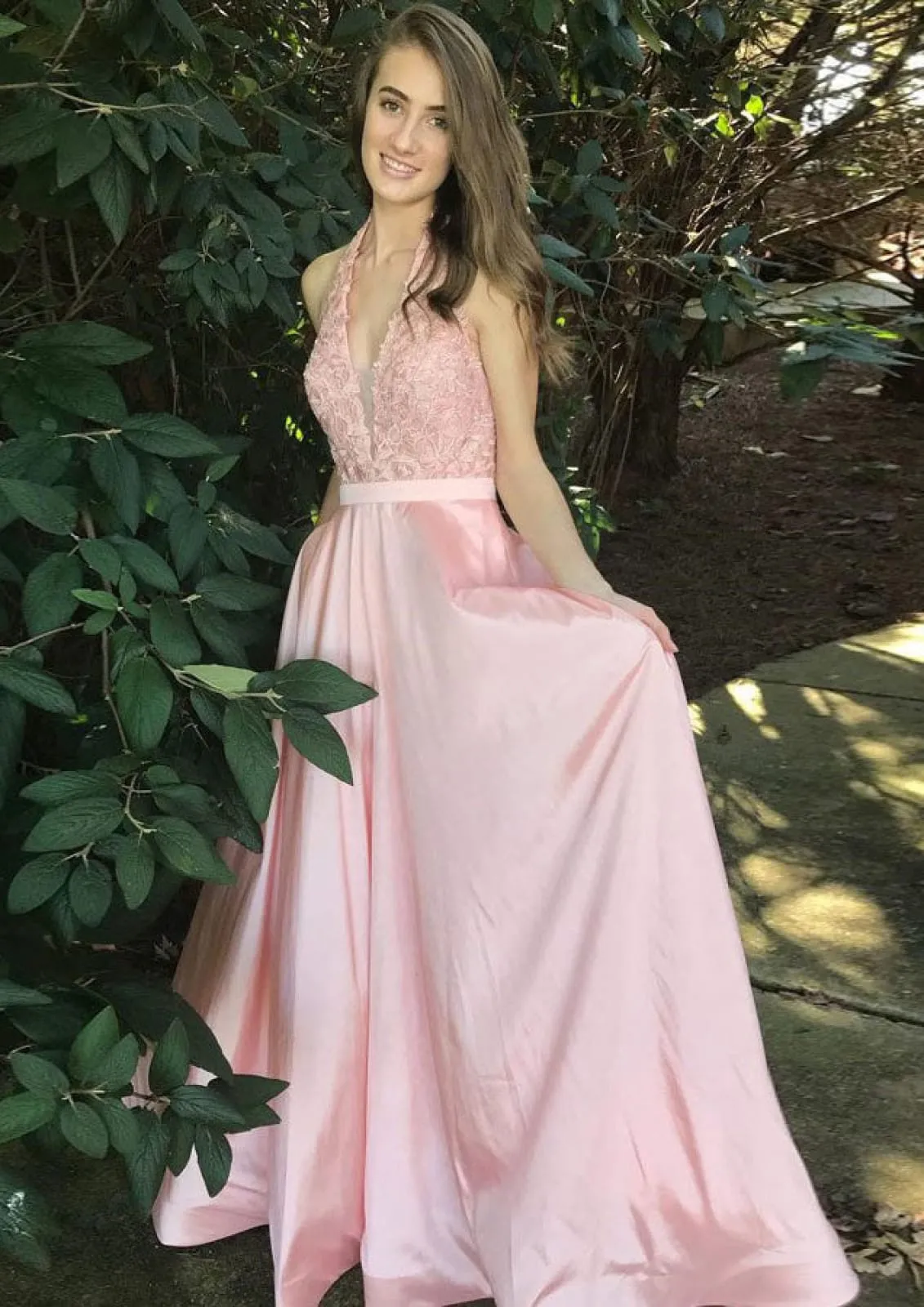 A-line Halter Plunging Sleeveless Floor-Length Charmeuse Black Prom Dress, Lace