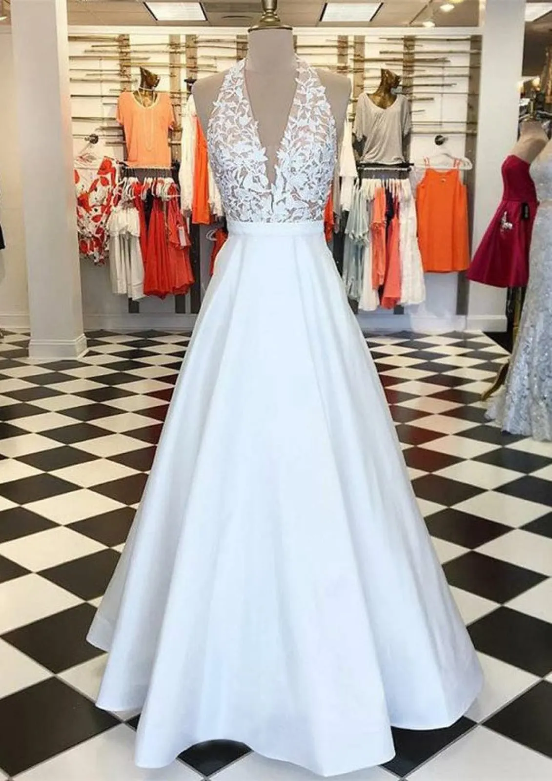 A-line Halter Plunging Sleeveless Floor-Length Charmeuse Black Prom Dress, Lace