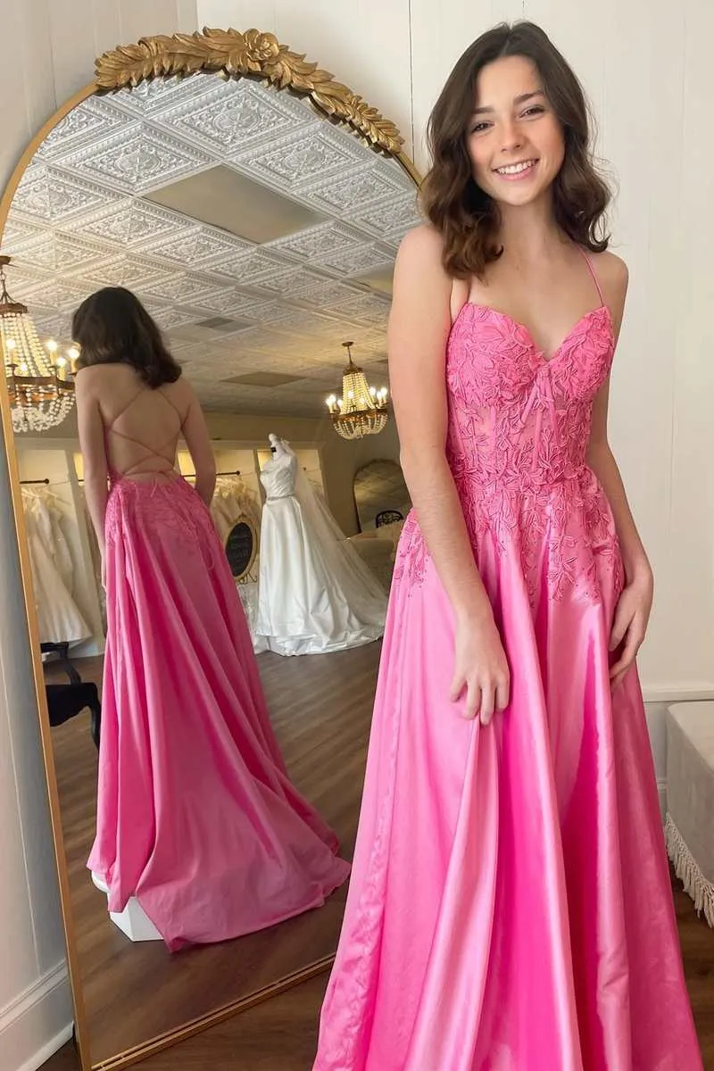 A-Line Hot Pink Formal Dresses 2025 Floral Appliques Cheap Prom Dress Lace-Up