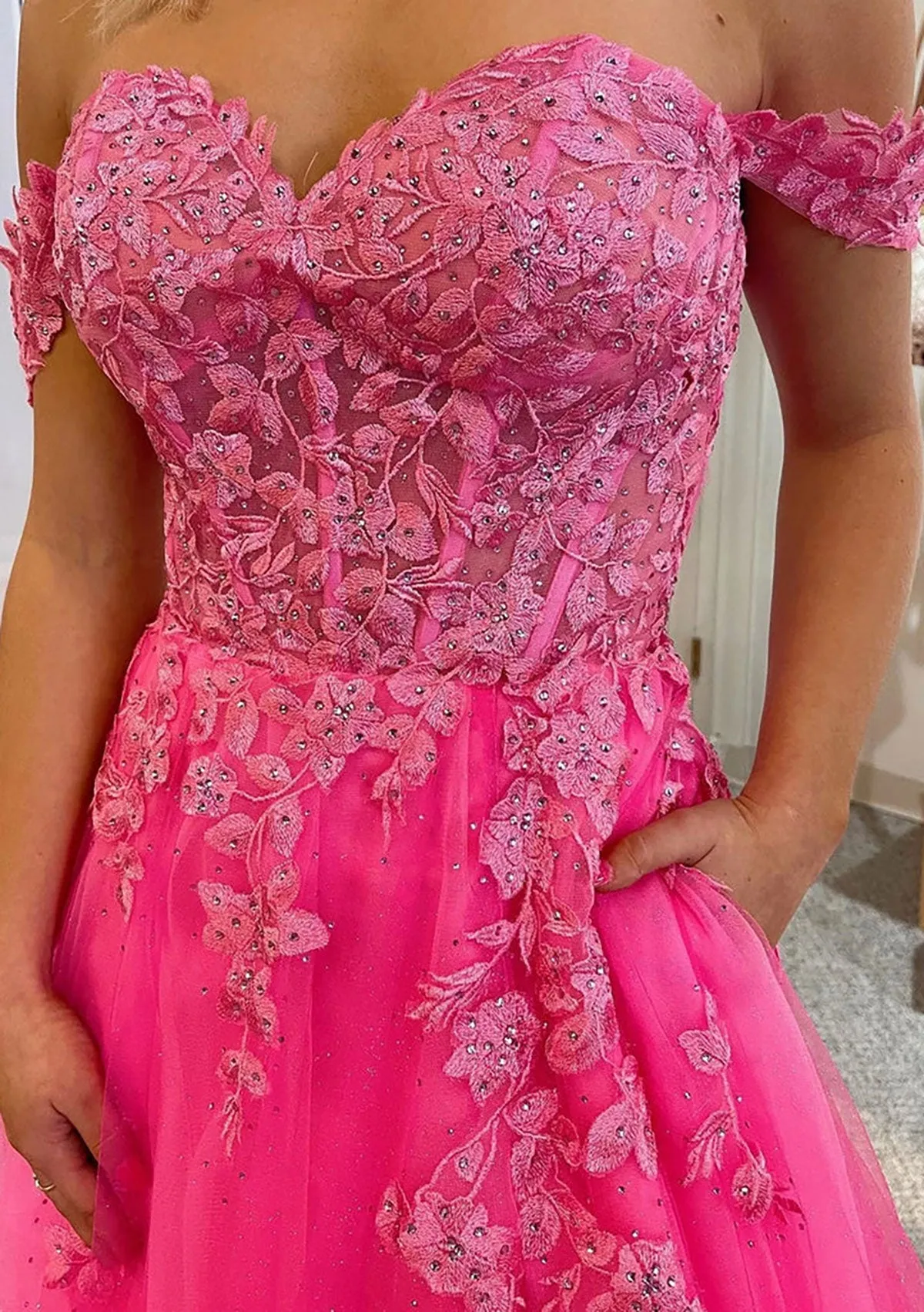 A-line Off Shoulder Sleeveless Court Train Lace Tulle Prom Dress, Beading Pockets Split