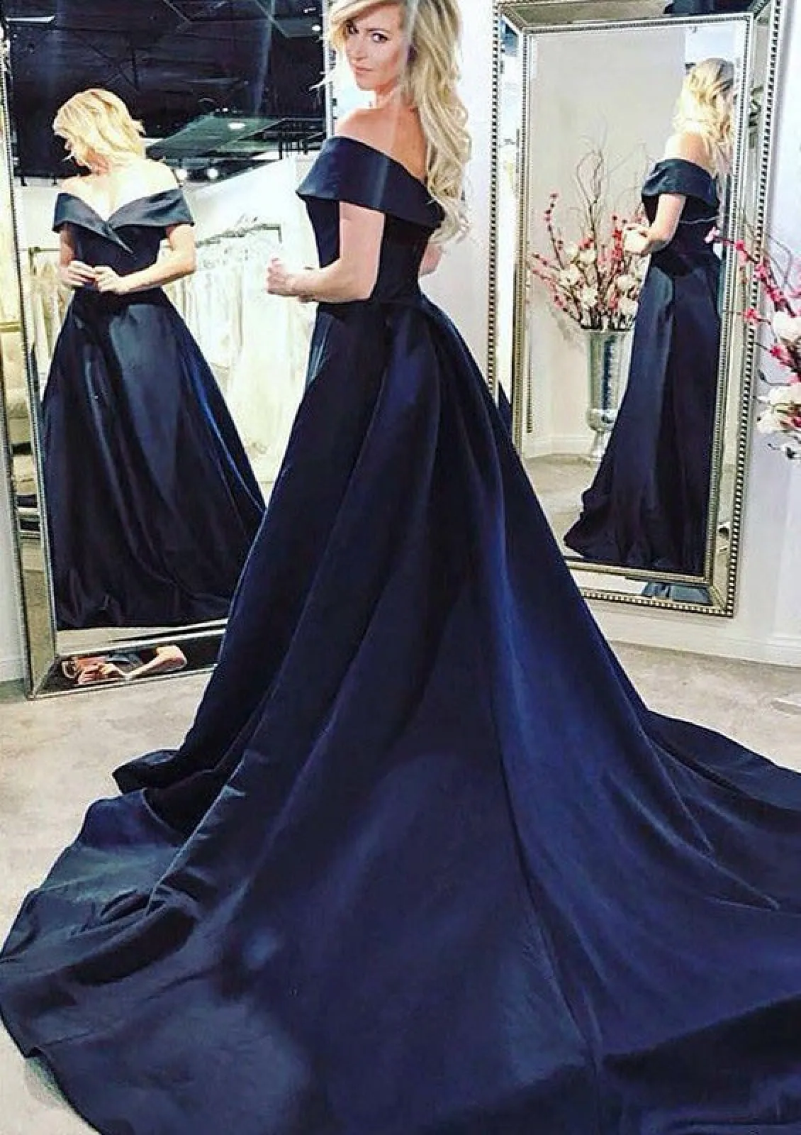 A-line Off Shoulder Surplice Sleeveless Chapel Black Satin Formal Prom Dress