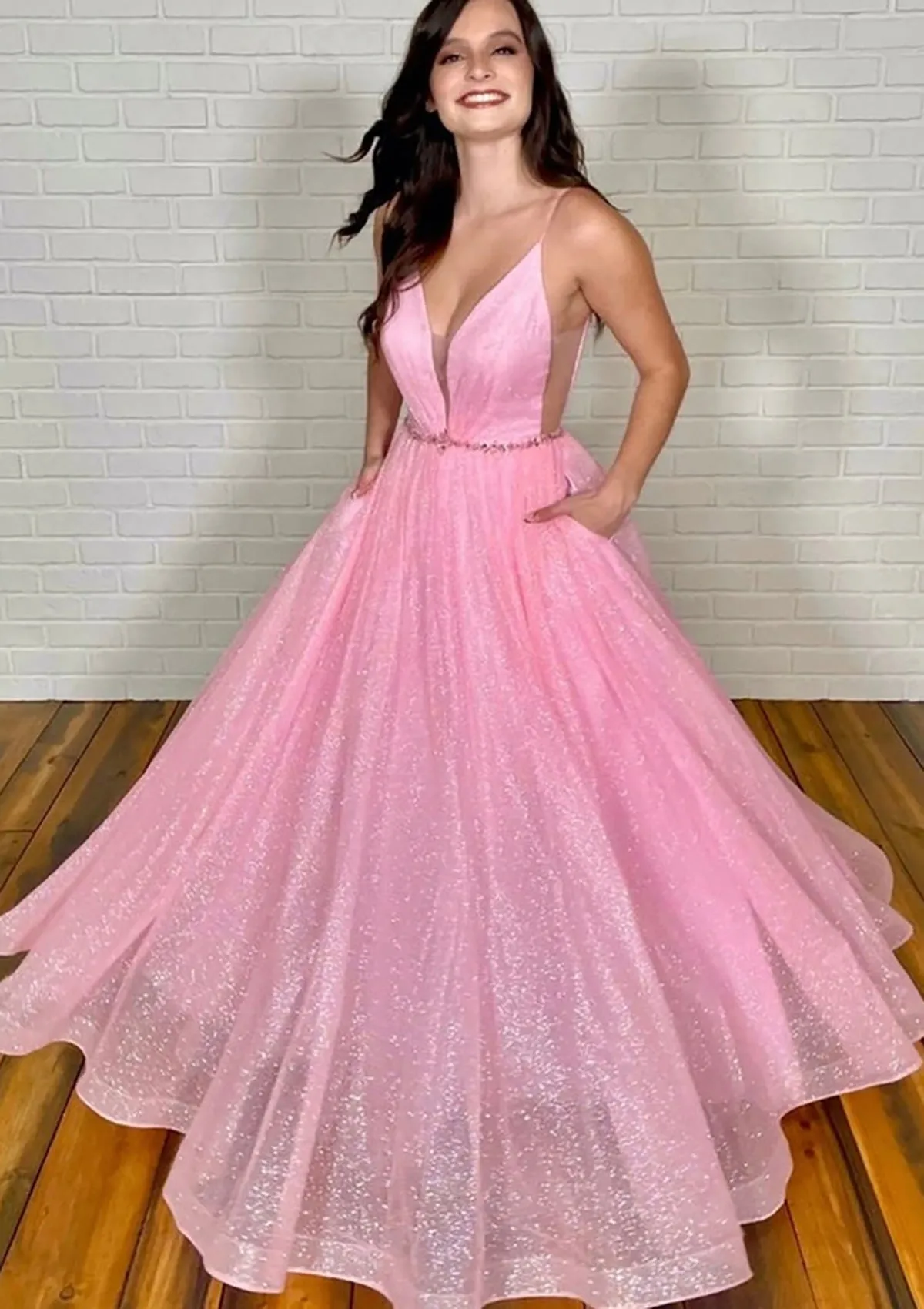 A-line Plunging Sleeveless Long Pink Tulle Glitter Prom Dress, Beading Pockets