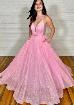 A-line Plunging Sleeveless Long Pink Tulle Glitter Prom Dress, Beading Pockets