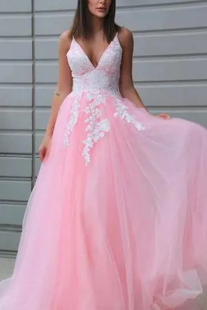 A-Line Prom Dresses Princess Dress Formal Floor Length Sleeveless V Neck Tulle with Pleats Appliques