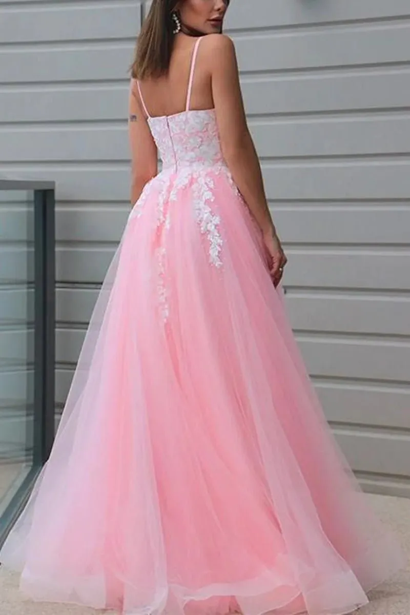 A-Line Prom Dresses Princess Dress Formal Floor Length Sleeveless V Neck Tulle with Pleats Appliques