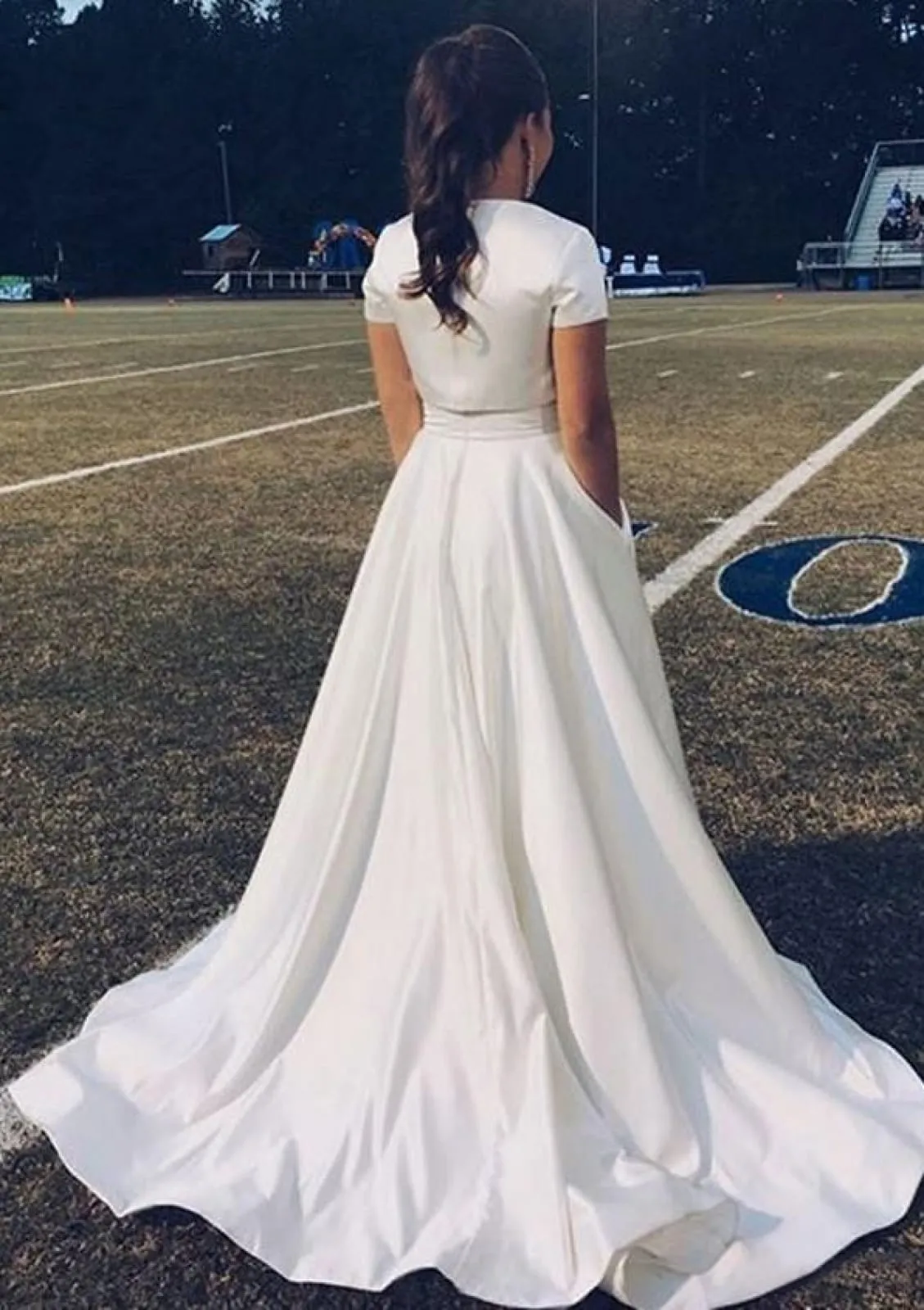 A-line Round Neck Short Sleeve Court 2 Piece Set Dress Ivory Satin Prom Gown