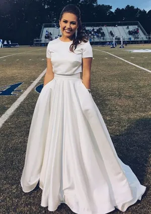 A-line Round Neck Short Sleeve Court 2 Piece Set Dress Ivory Satin Prom Gown
