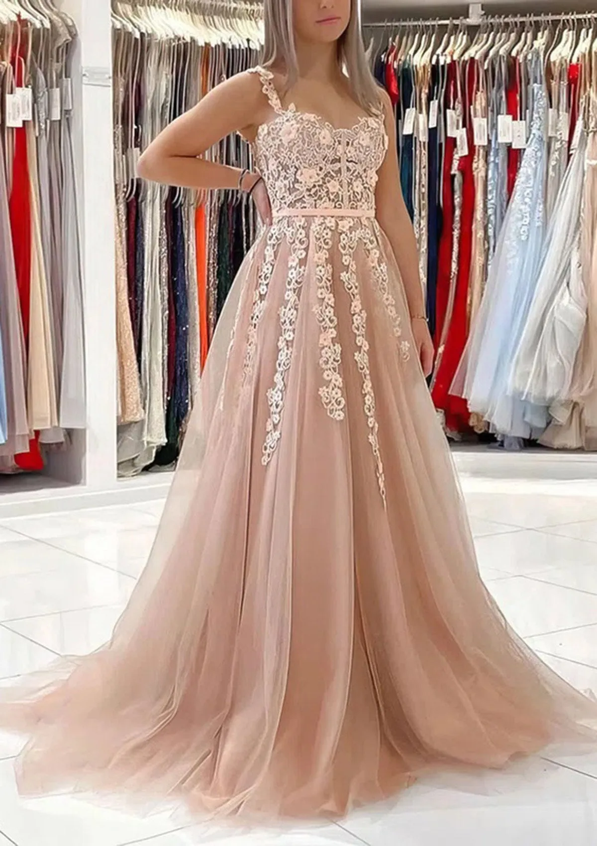A-line Sweetheart Sleeveless Corset Lace Tulle Sweep Train Long Prom Dress