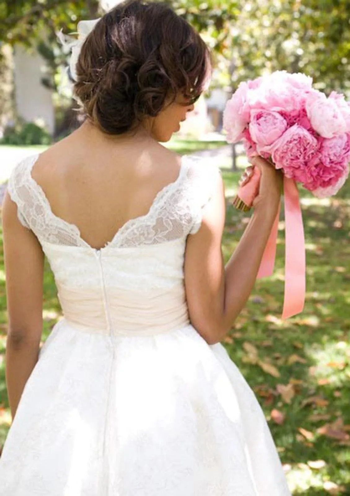 A-line V Neck Cap Sleeve Tea-Length Ivory Lace Short Wedding Dress