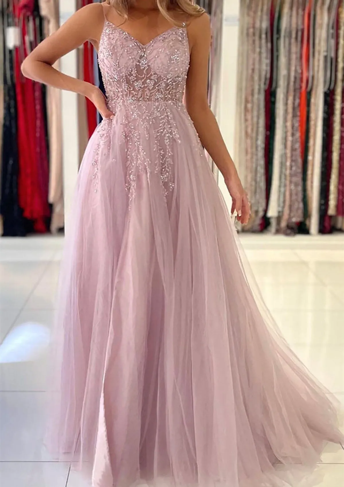 A-line V Neck Spaghetti Straps Long/Floor-Length Tulle Prom Dress With Beading Sequins Split