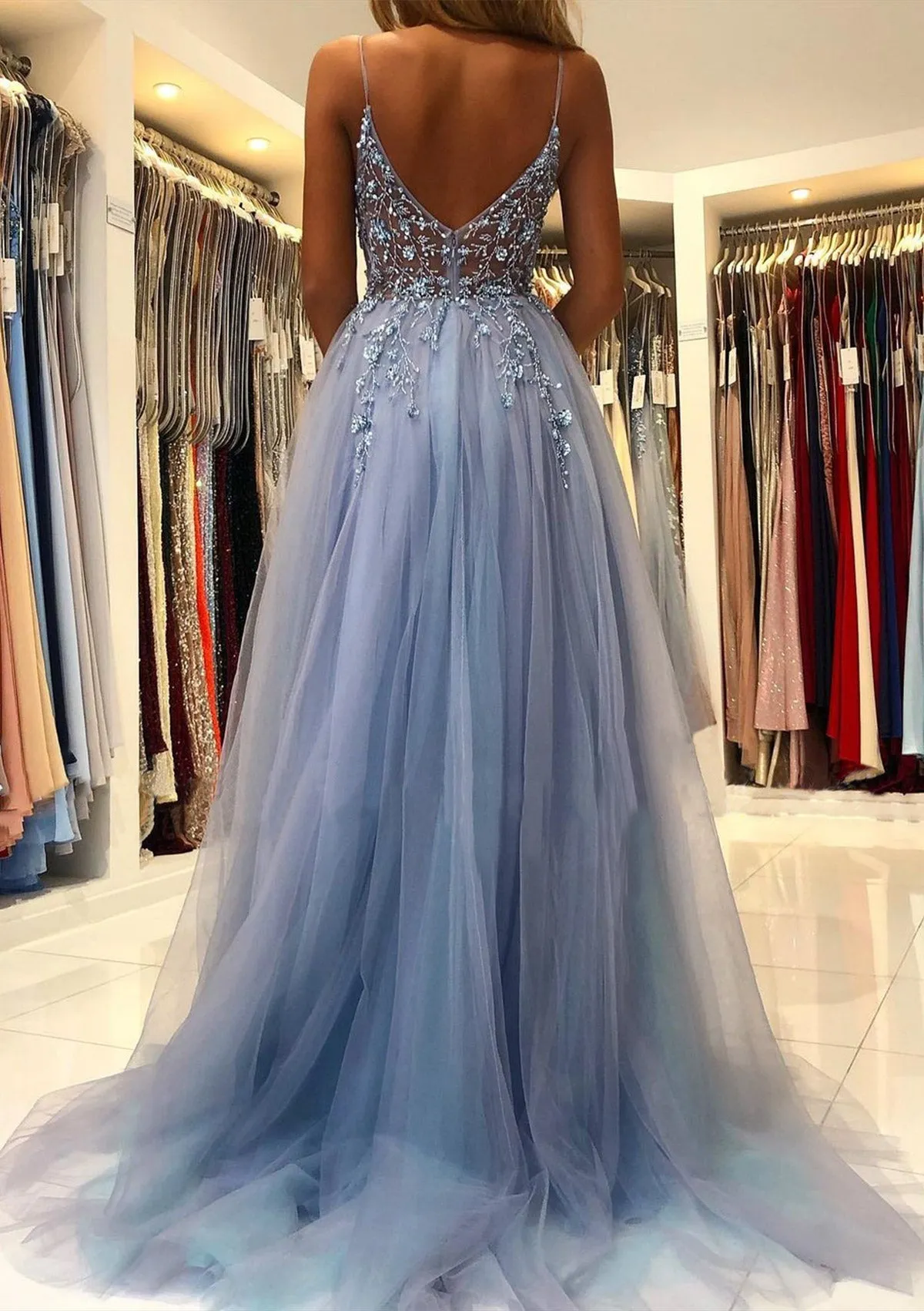A-line V Neck Spaghetti Straps Long/Floor-Length Tulle Prom Dress With Beading Sequins Split