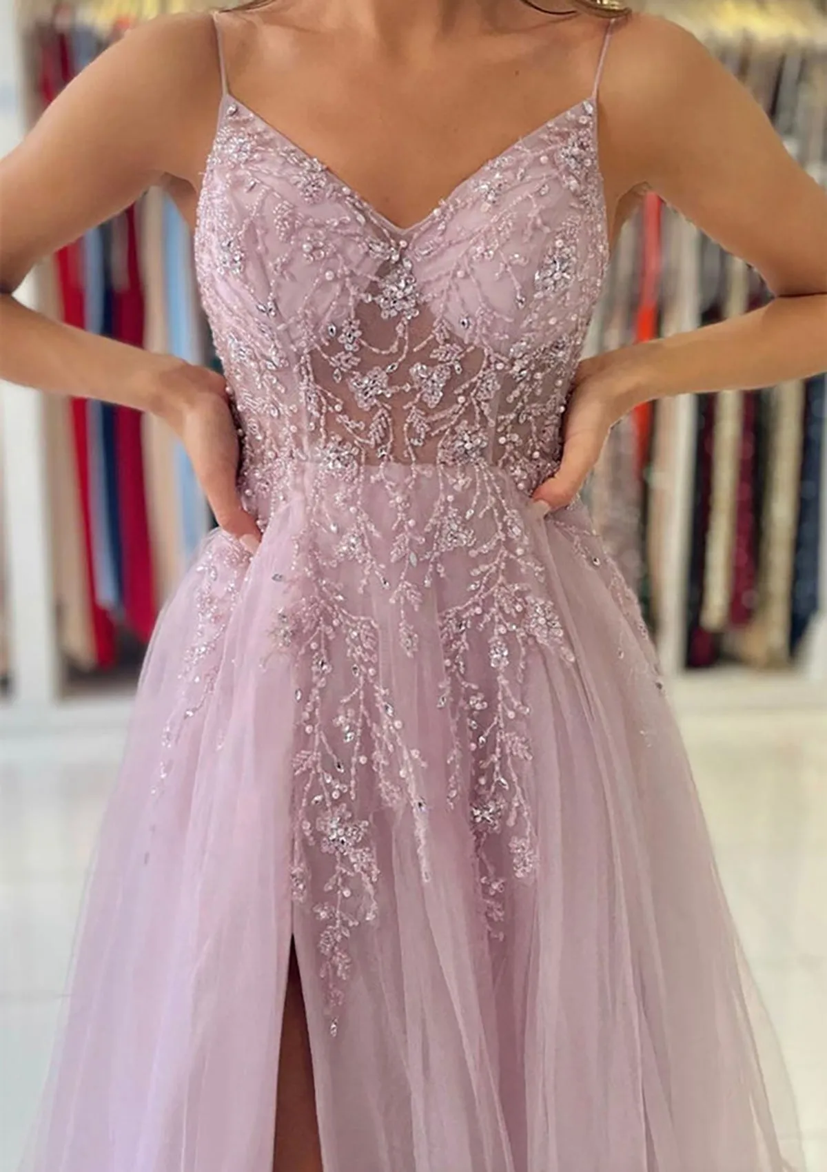 A-line V Neck Spaghetti Straps Long/Floor-Length Tulle Prom Dress With Beading Sequins Split