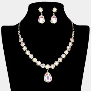 AB Teardrop and Round Stone Prom Necklace Set on Gold| Special Event Crystal Necklace Set on Gold |  638897