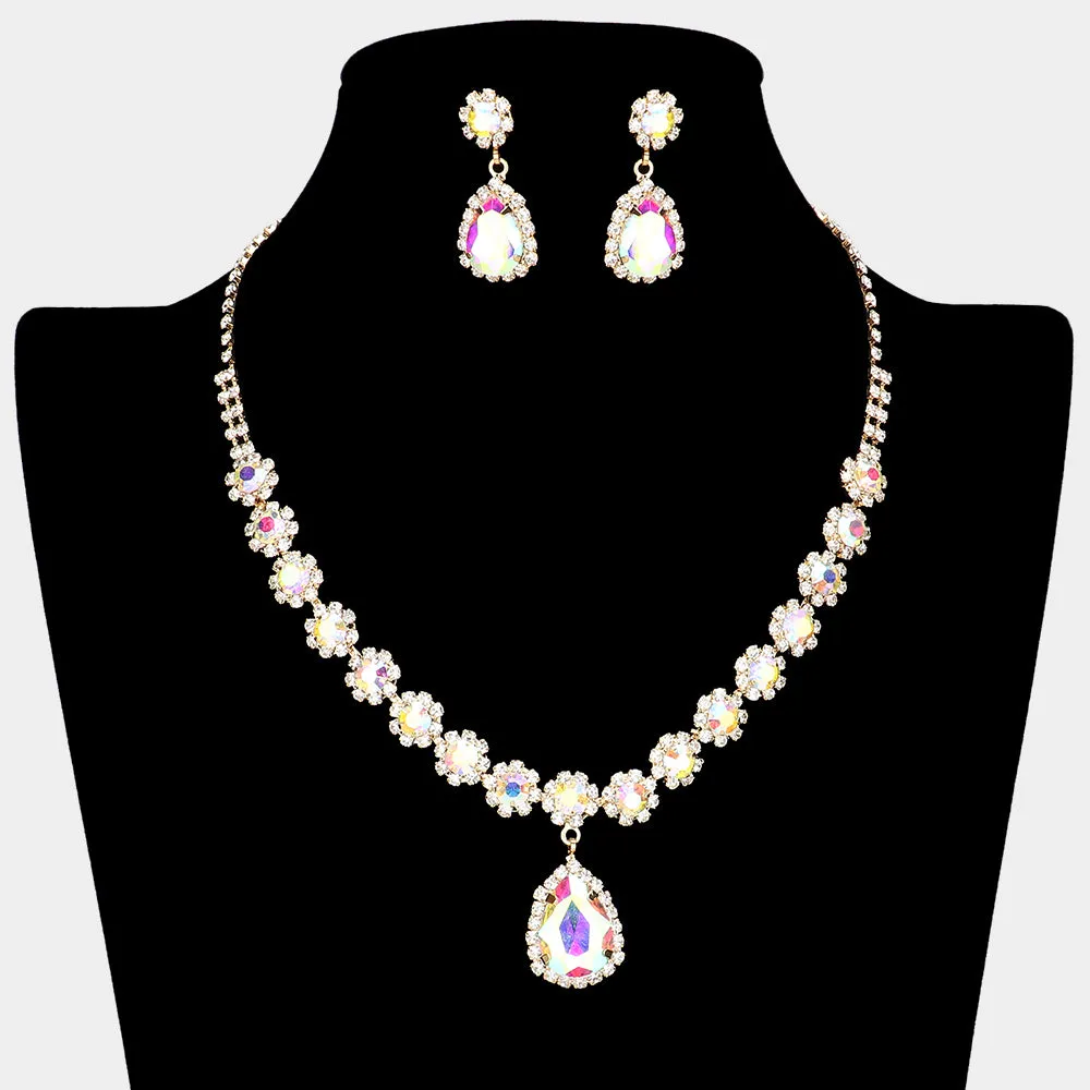 AB Teardrop and Round Stone Prom Necklace Set on Gold| Special Event Crystal Necklace Set on Gold |  638897