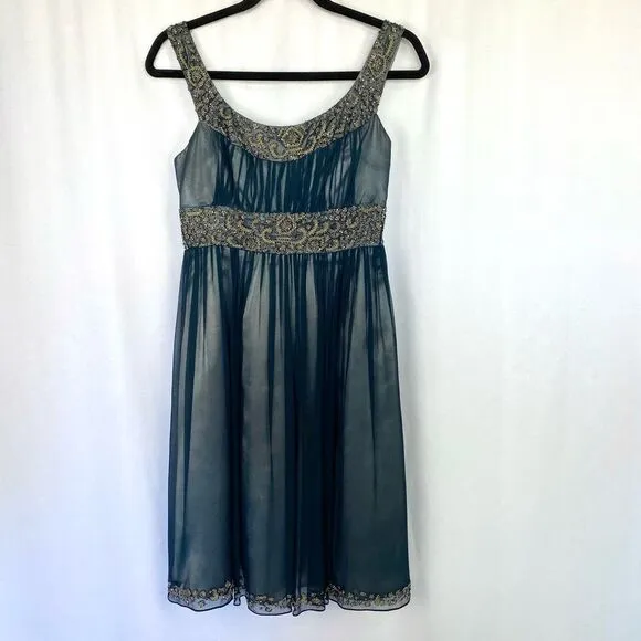 Adrianna Papell Embroidered Beaded Dark Blue Silk Dress Lined Women’s 4 Gold Sil