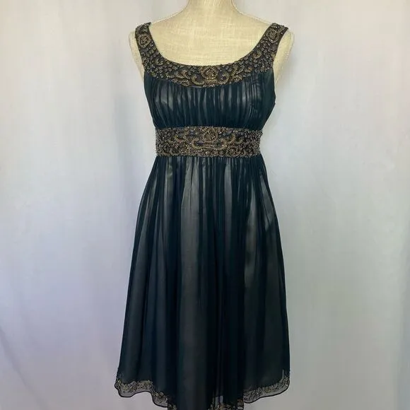 Adrianna Papell Embroidered Beaded Dark Blue Silk Dress Lined Women’s 4 Gold Sil