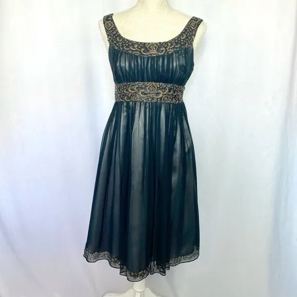 Adrianna Papell Embroidered Beaded Dark Blue Silk Dress Lined Women’s 4 Gold Sil