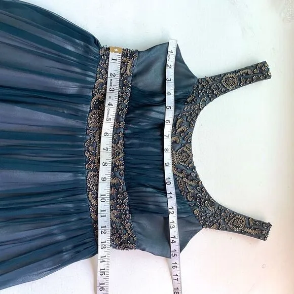 Adrianna Papell Embroidered Beaded Dark Blue Silk Dress Lined Women’s 4 Gold Sil