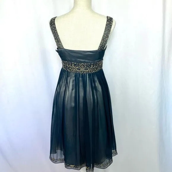Adrianna Papell Embroidered Beaded Dark Blue Silk Dress Lined Women’s 4 Gold Sil