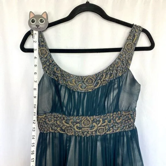 Adrianna Papell Embroidered Beaded Dark Blue Silk Dress Lined Women’s 4 Gold Sil