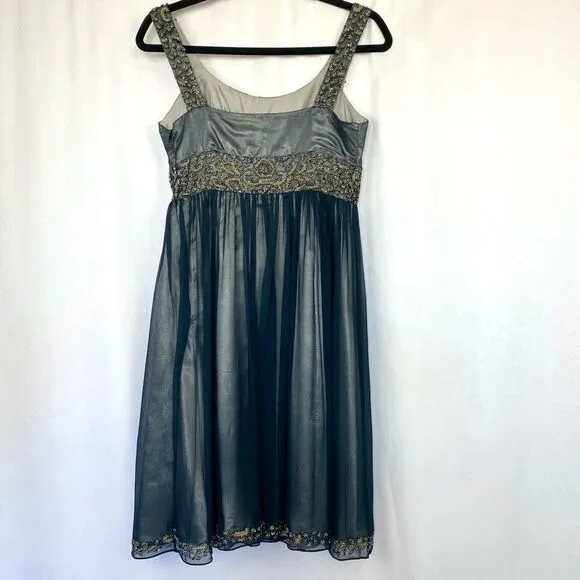 Adrianna Papell Embroidered Beaded Dark Blue Silk Dress Lined Women’s 4 Gold Sil