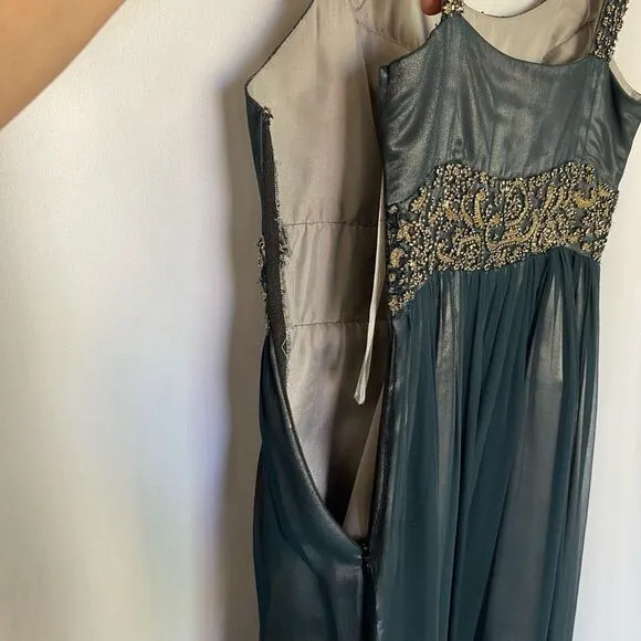 Adrianna Papell Embroidered Beaded Dark Blue Silk Dress Lined Women’s 4 Gold Sil