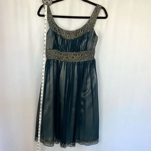 Adrianna Papell Embroidered Beaded Dark Blue Silk Dress Lined Women’s 4 Gold Sil