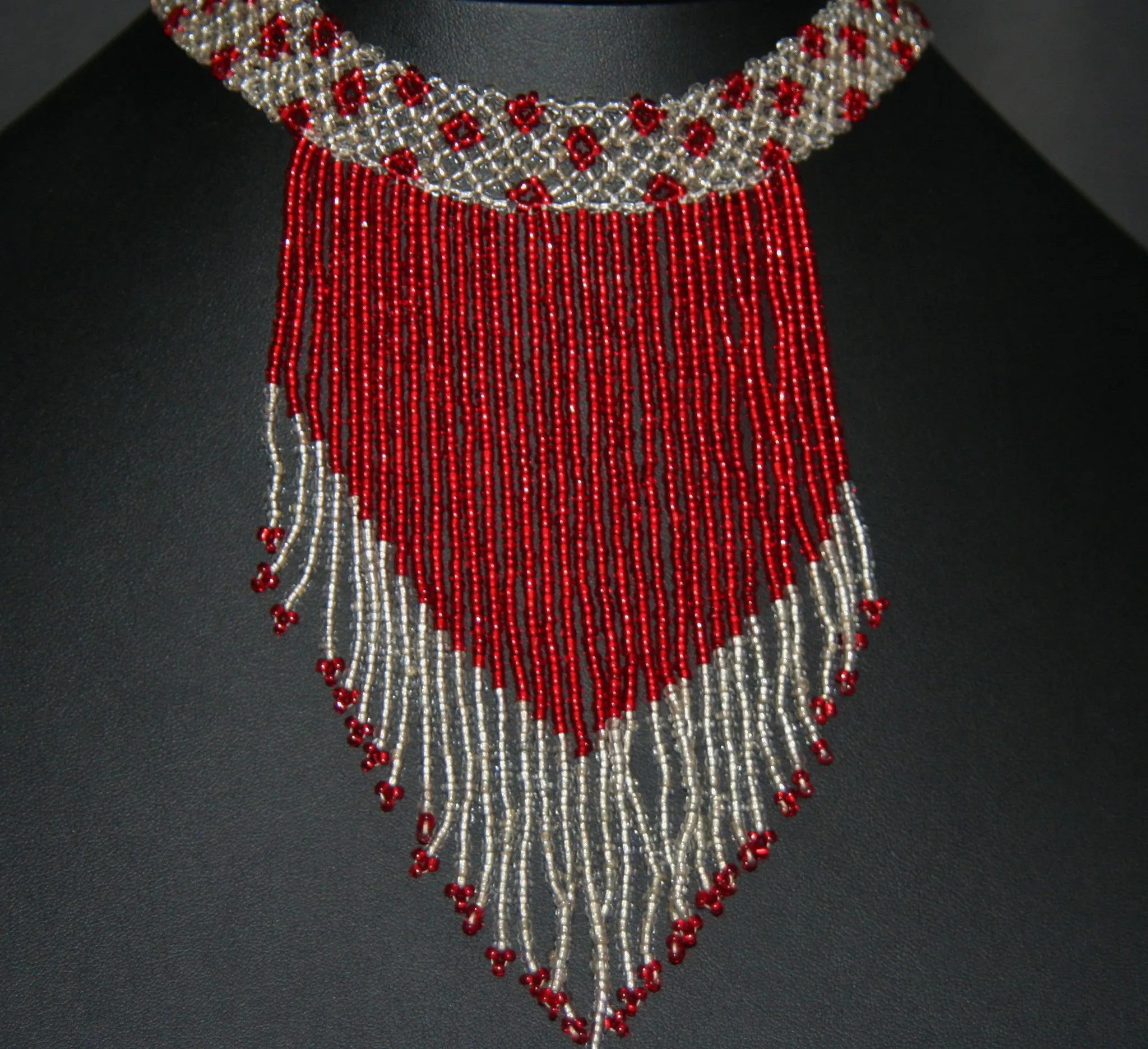 African Beaded Choker Necklace Red White Flowers Handcrafted Swaziland